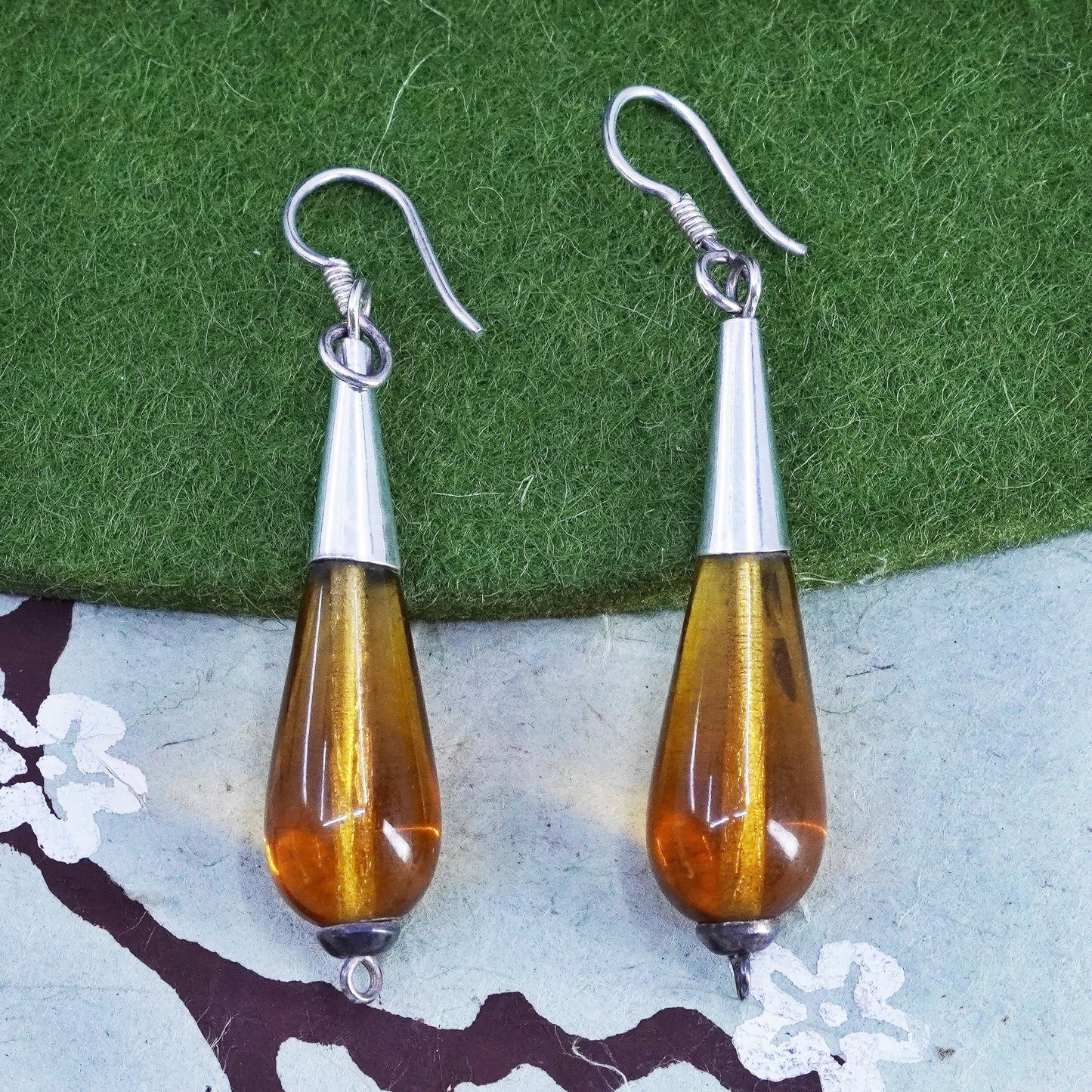 Vintage Sterling 925 silver handmade earrings with teardrop amber