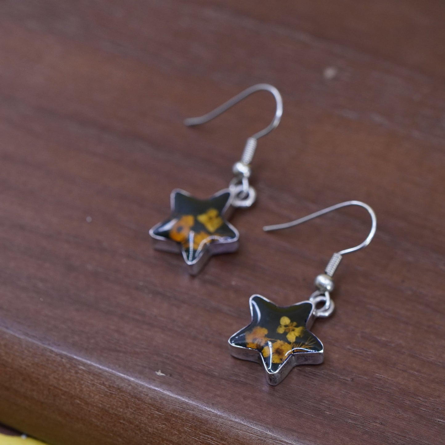Vintage Mexican Sterling 925 silver handmade star earrings with floral resin
