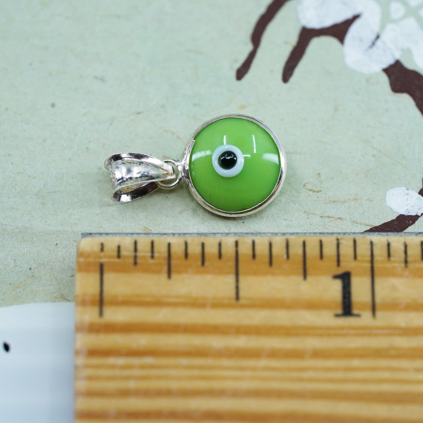 Vintage Mexico sterling silver with handmade green evil eye glass pendant