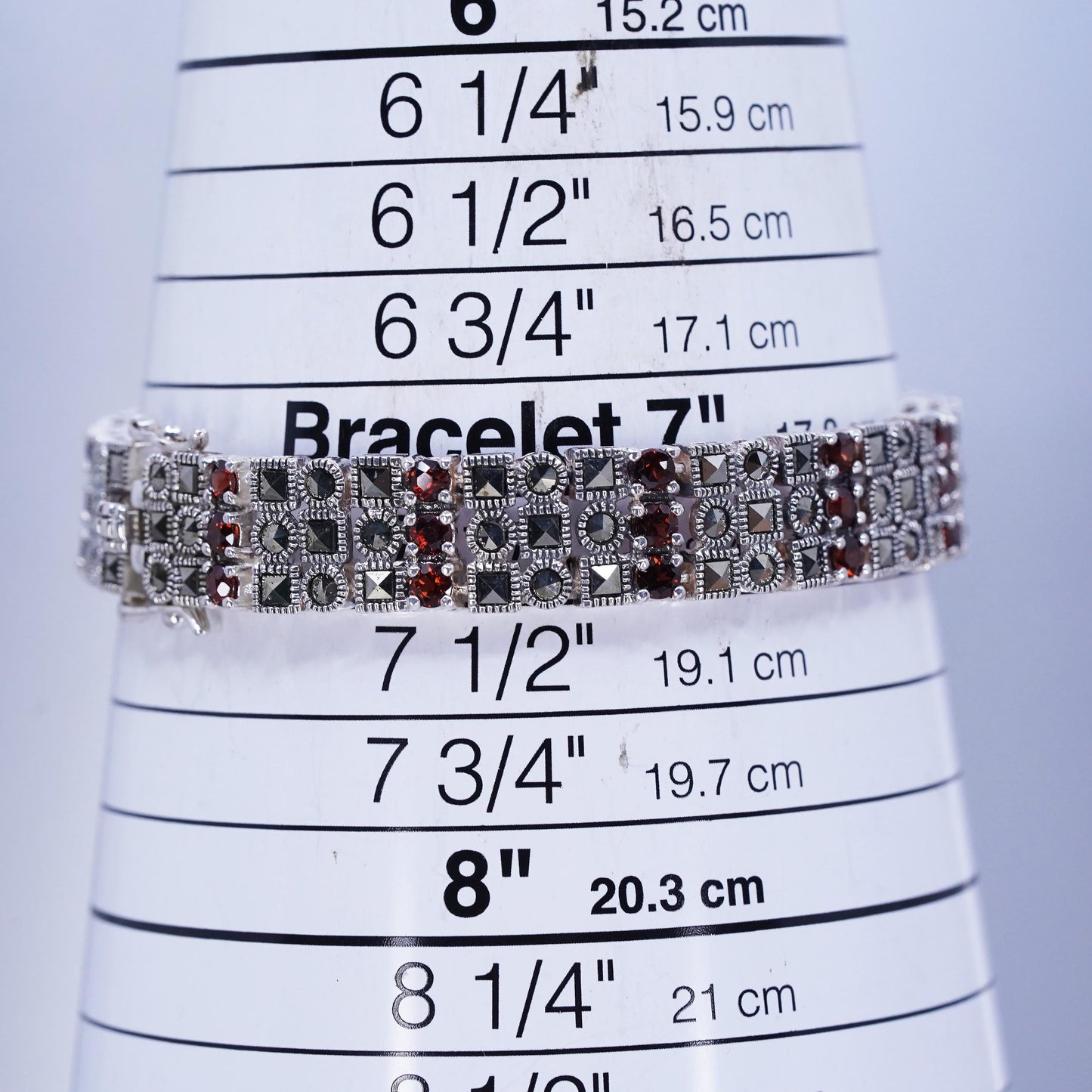 7”, Sterling 925 silver handmade tennis bracelet with garnet and marcasite