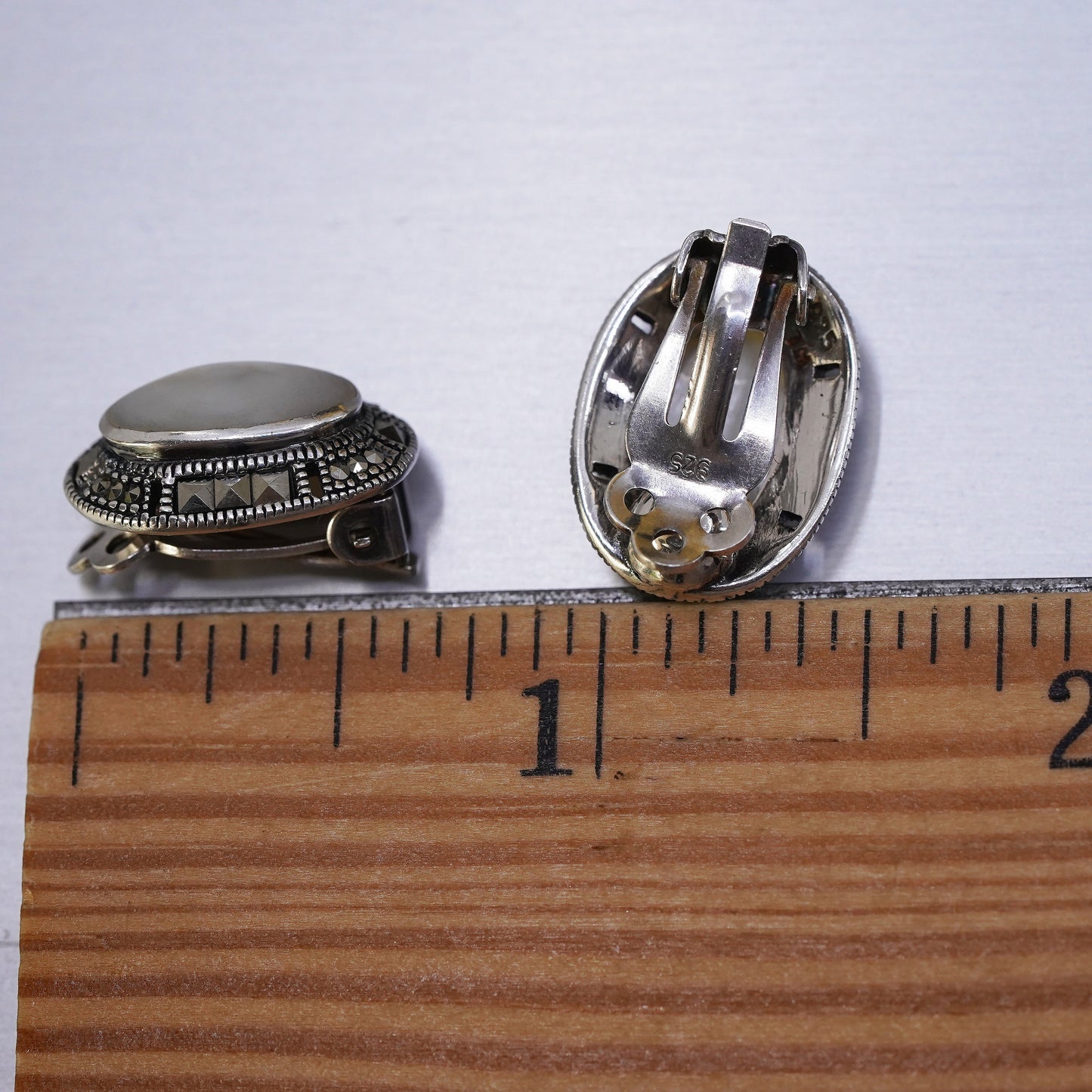 Mexico Sterling silver earrings, 925 oval mother of pearl clip on marcasite