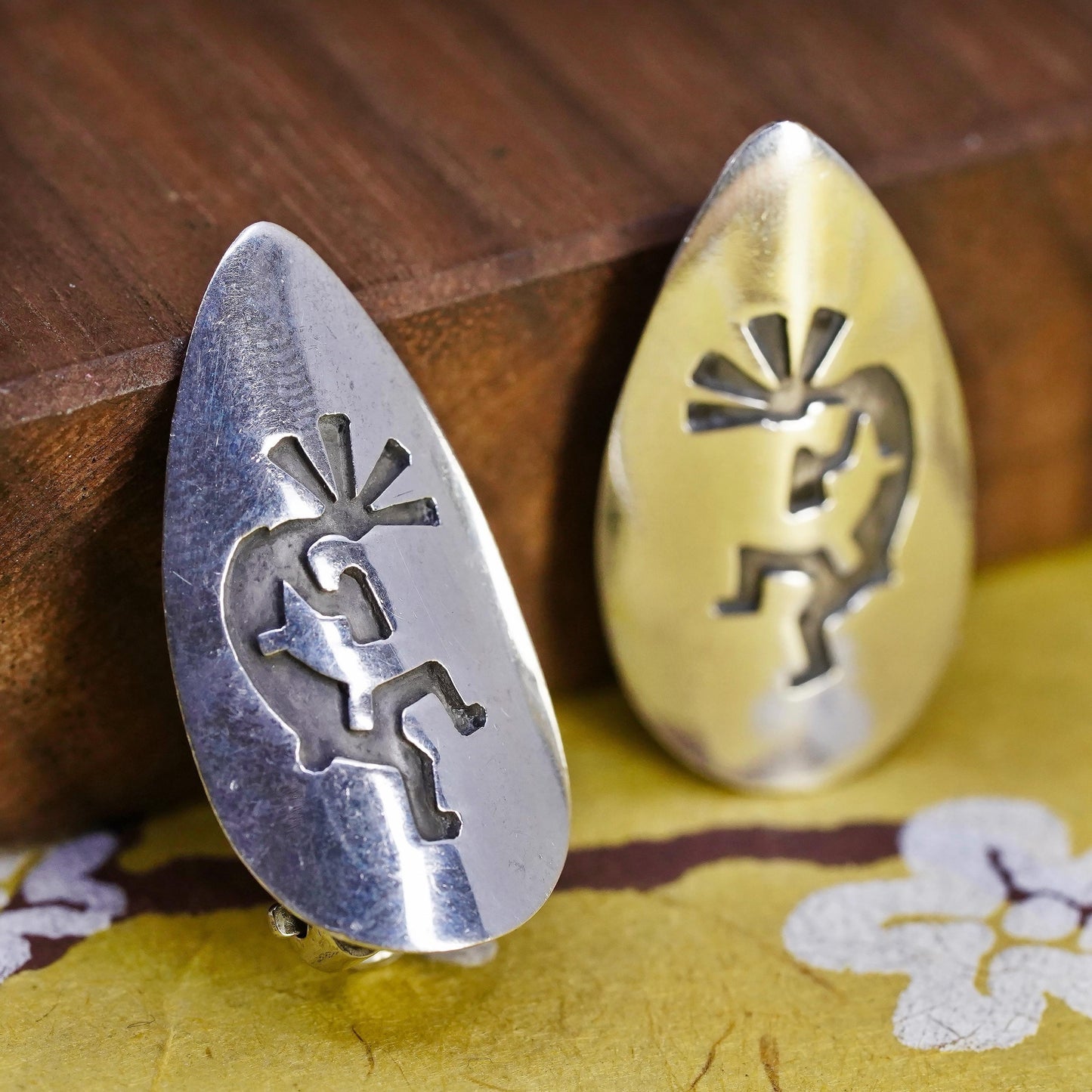 Native American Sterling 925 silver teardrop earrings, Kokopelli clip on