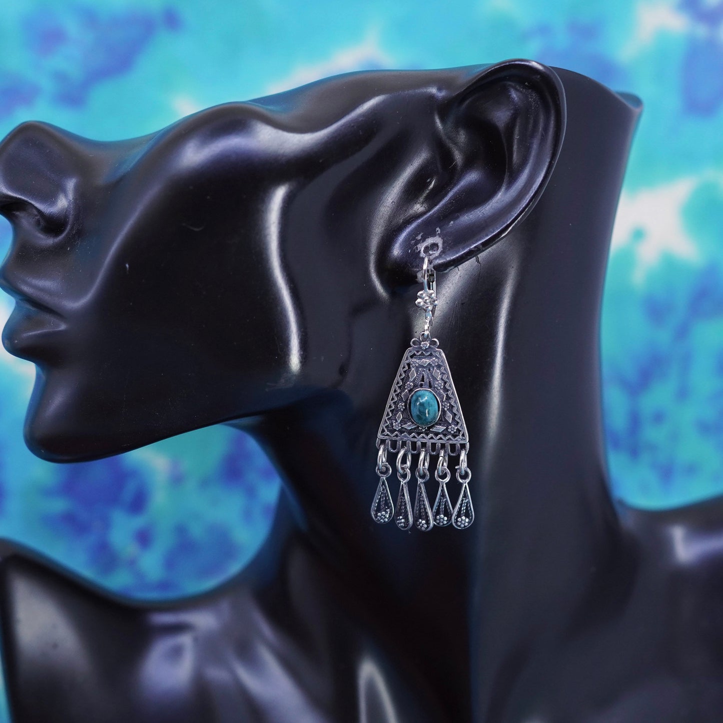 Vintage Sterling silver handmade earrings, 925 Filigree teardrops w/ turquoise
