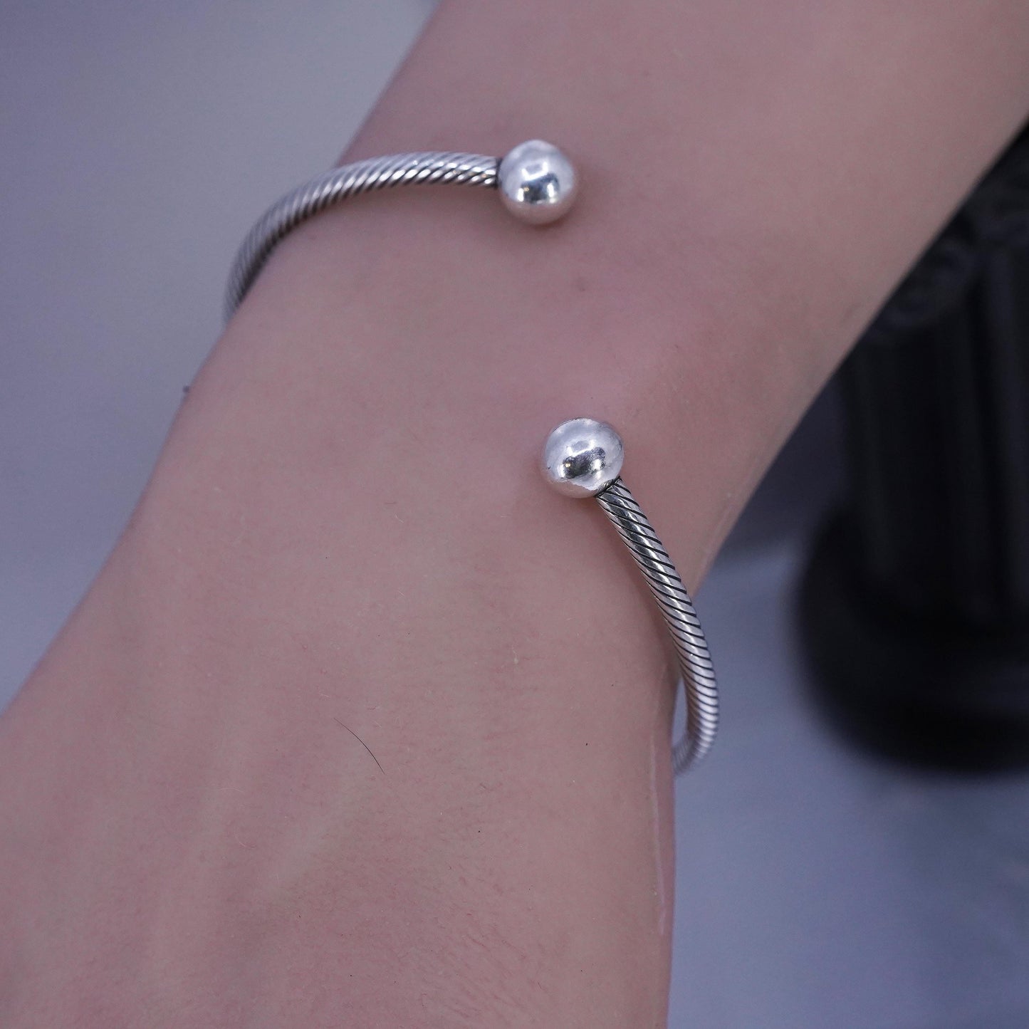 7", Vintage Sterling 925 silver handmade bracelet, cable cuff with beads