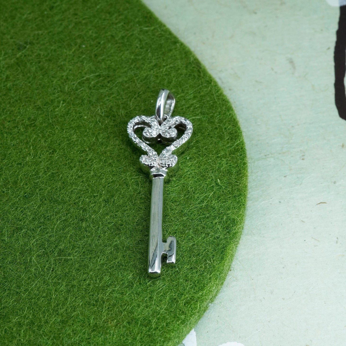 vintage SAI Sterling silver Pendant, 925 heart key with real diamond