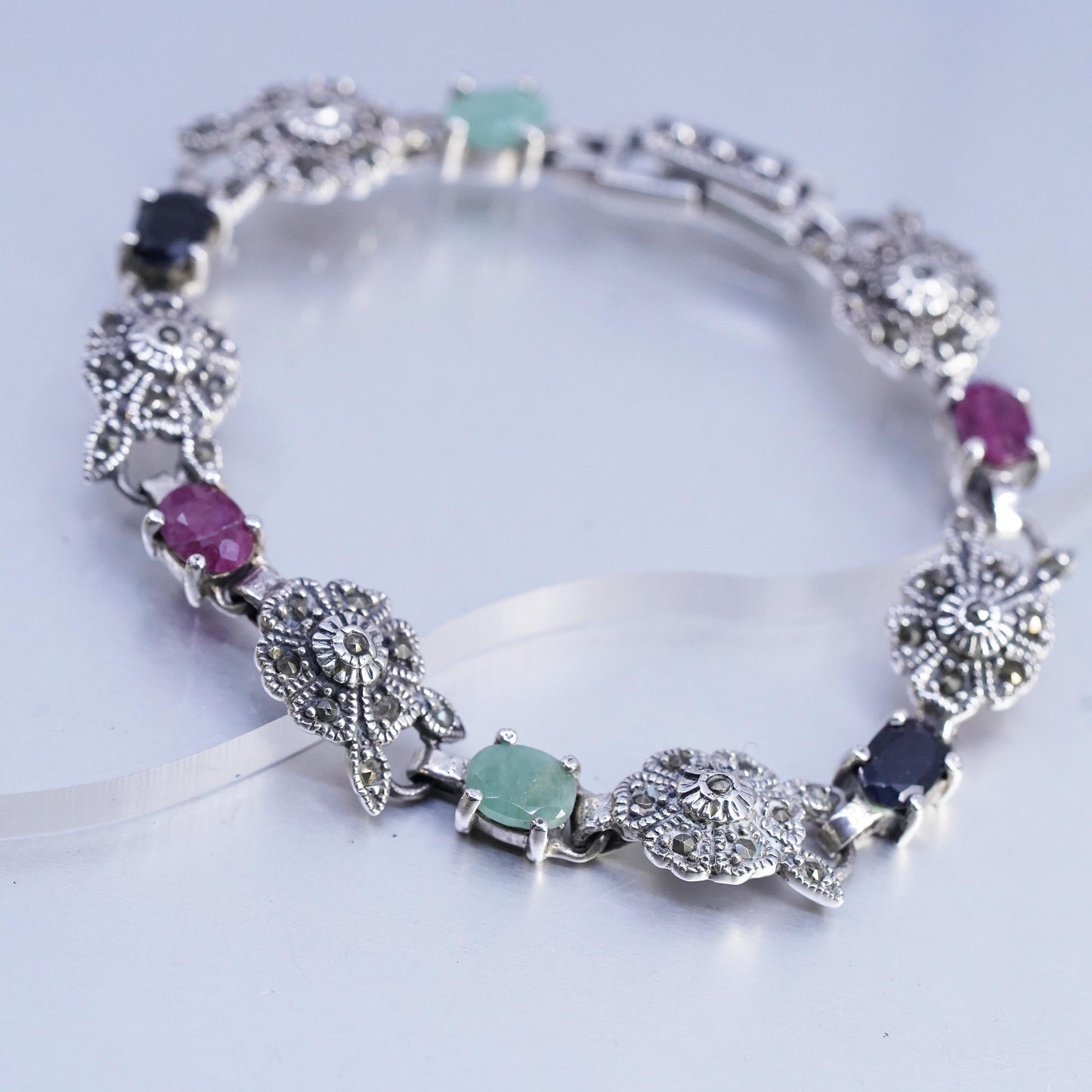 7", VTG Sterling Silver 925 Tennis Marcasite flower Bracelet ruby sapphire jade