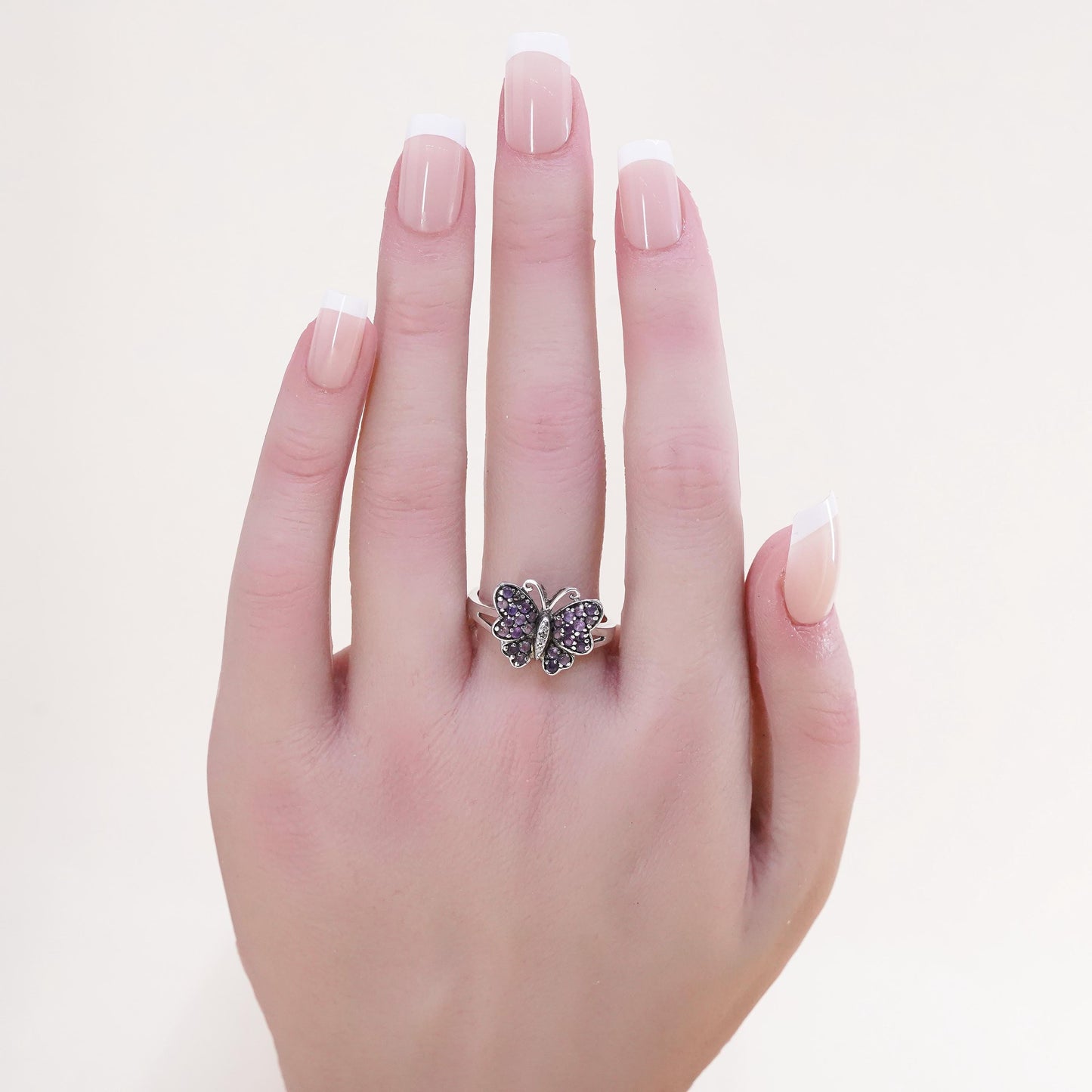 Size 9.5, Vintage Sterling 925 silver handmade butterfly ring cluster amethyst