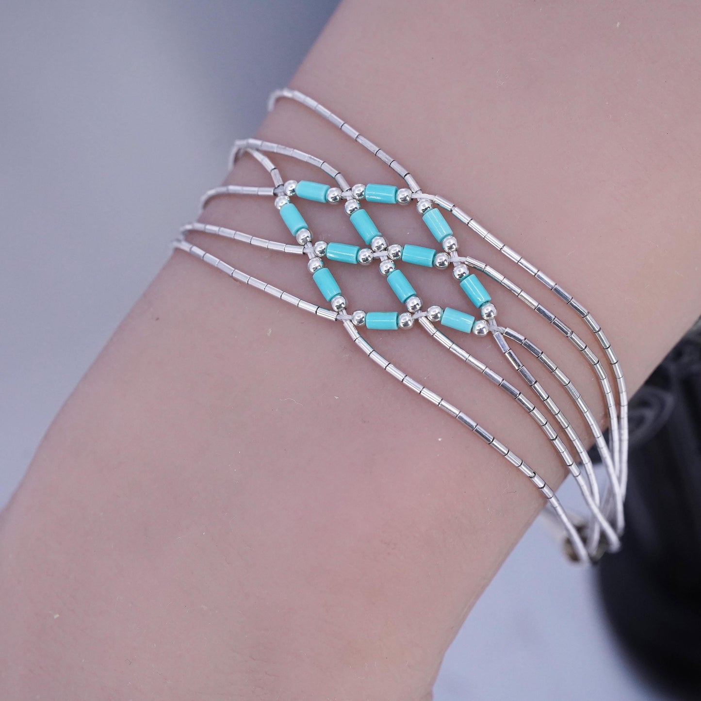 7.25”, Sterling 925 silver handmade bracelet, woven liquid chain with turquoise