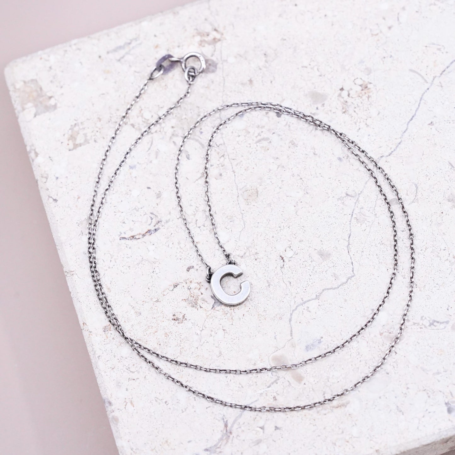 18" 1mm, vintage Sterling silver necklace, 925 circle chain letter C pendant
