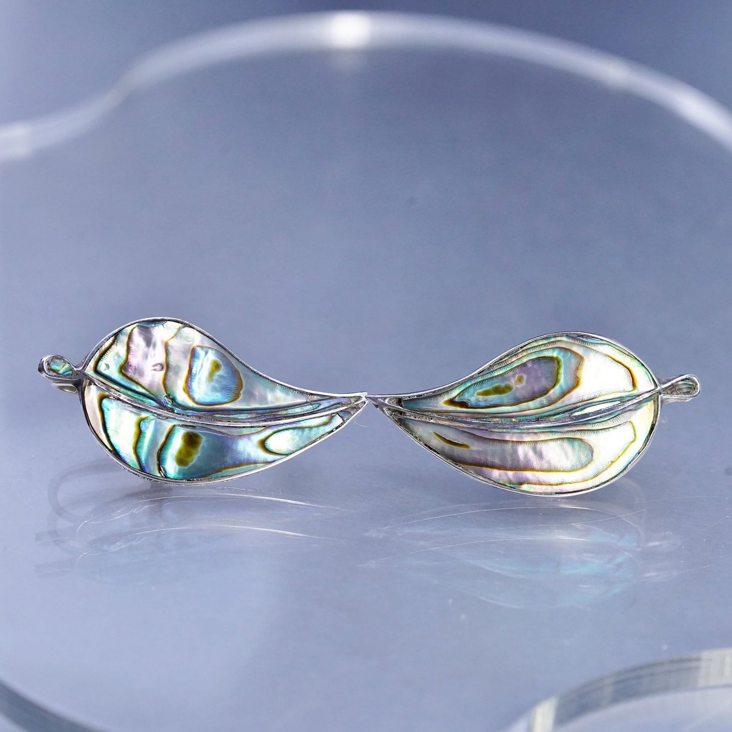 VTG Mexican ECC Sterling 925 silver handmade earrings, leaf screw back abalone
