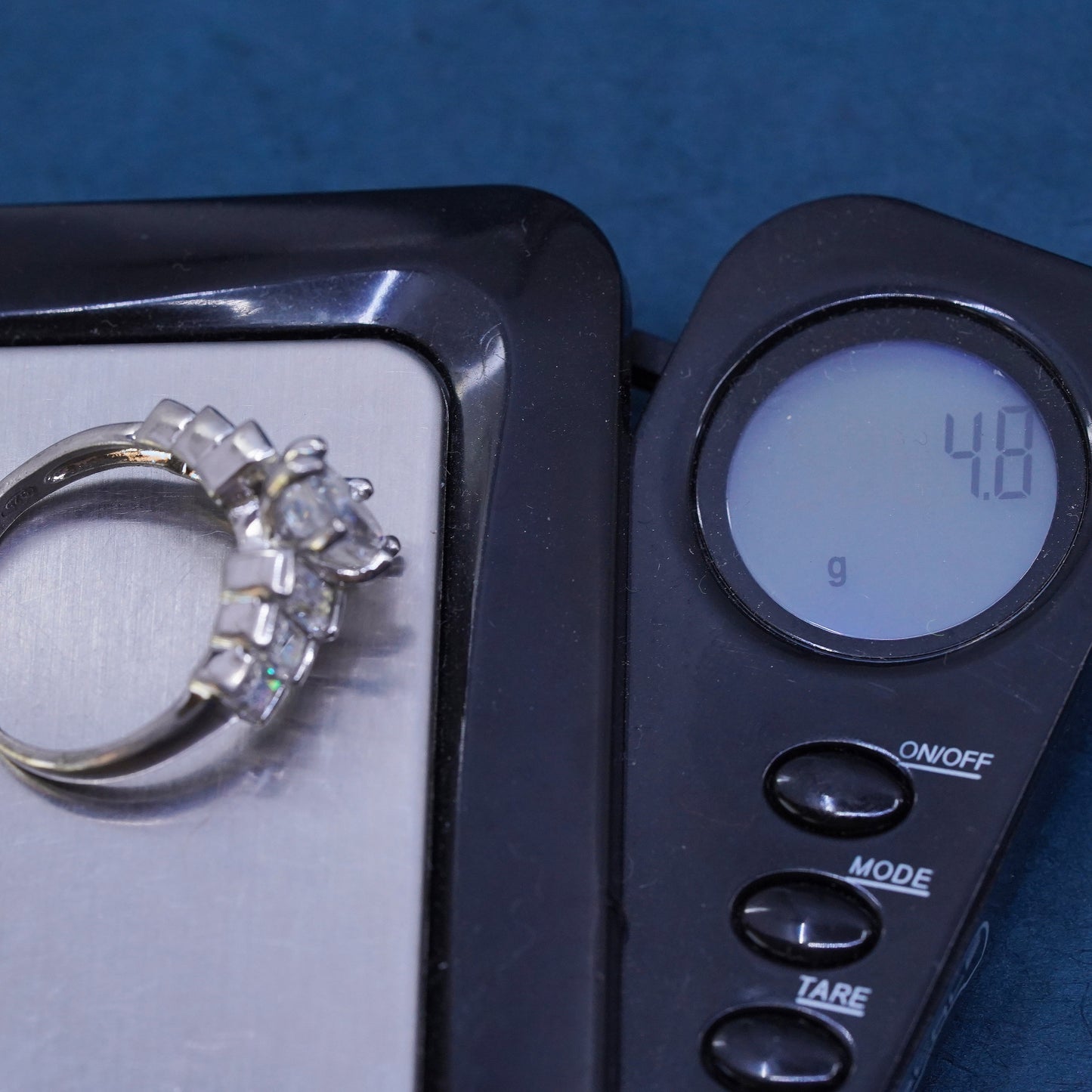 Size 8, vintage Sterling 925 silver engagement ring with cluster Cz around