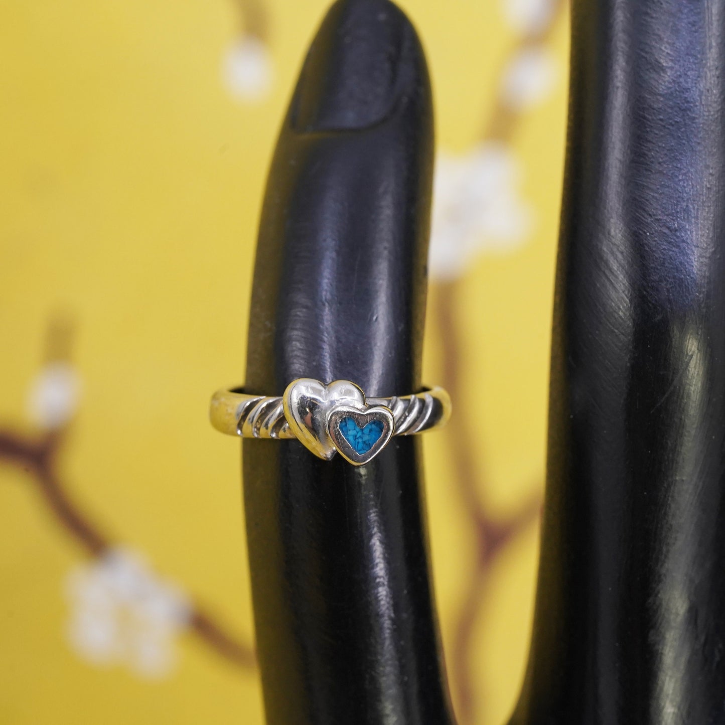 Size 3, vintage Sterling silver handmade ring, mexico 925 heart band turquoise
