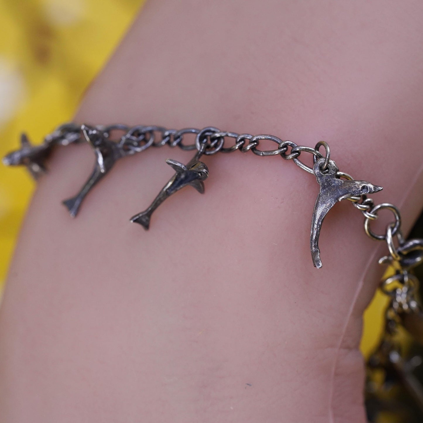 7”, vintage oxidized Sterling silver bracelet, 925 silver chain dolphin charms