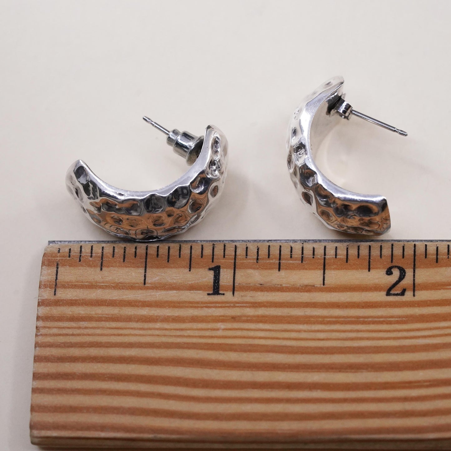 1””, Vintage Mexican Sterling silver earrings, solid 925 hammered huggie studs