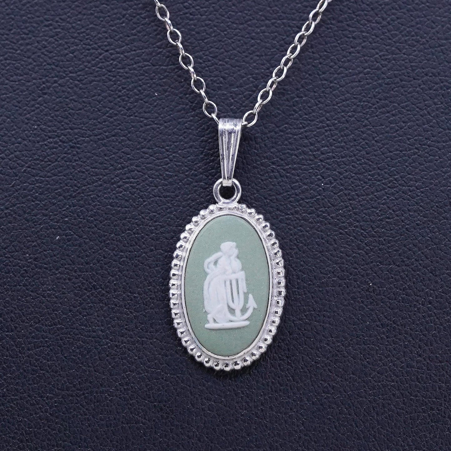 16” English Sterling silver handmade necklace, 925 oval pendant cameo woman