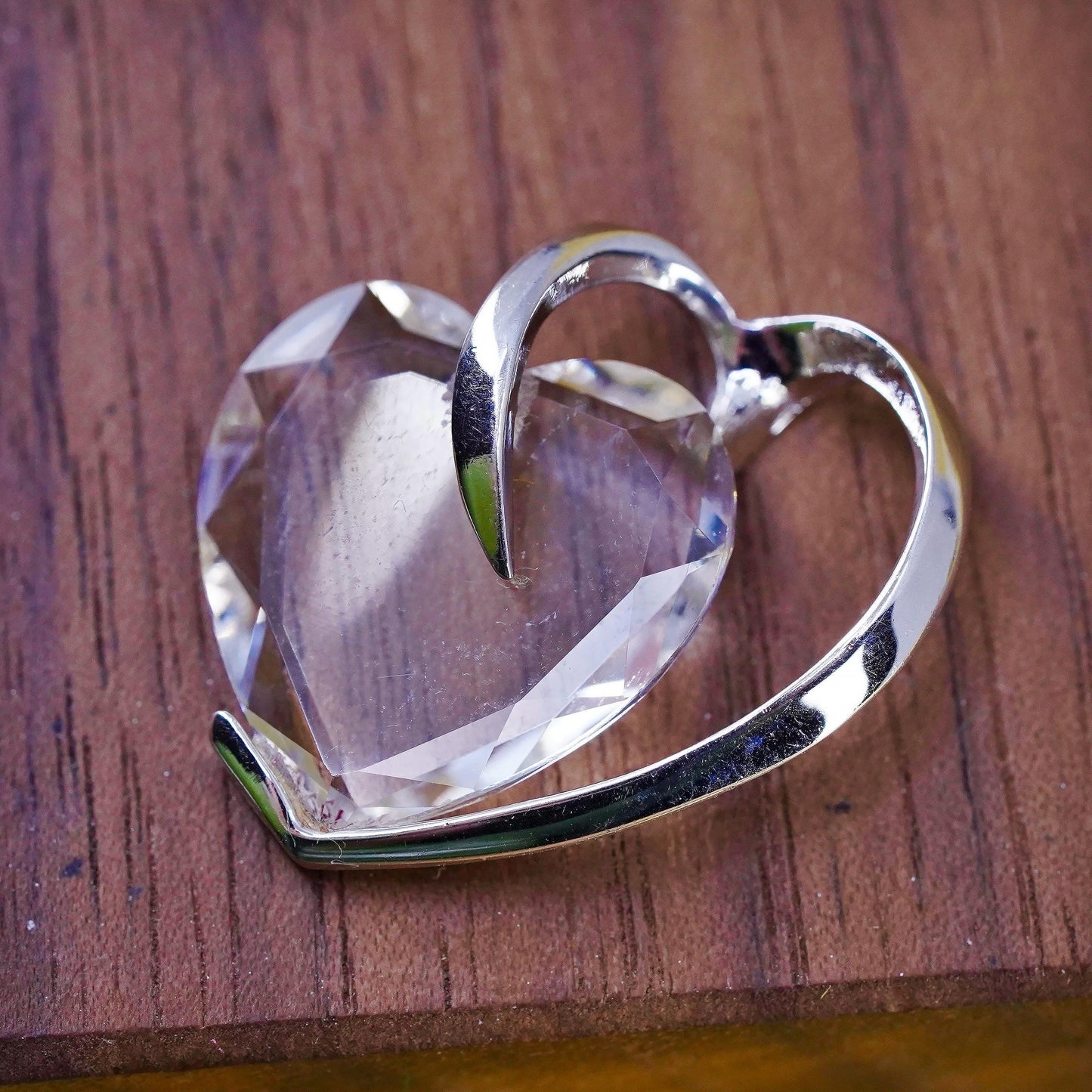 Vintage Sterling 925 silver double heart pendant with clear crystal