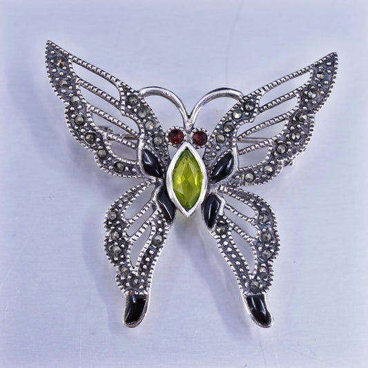 sterling silver brooch, 925 butterfly pin with peridot garnet and Marcasite
