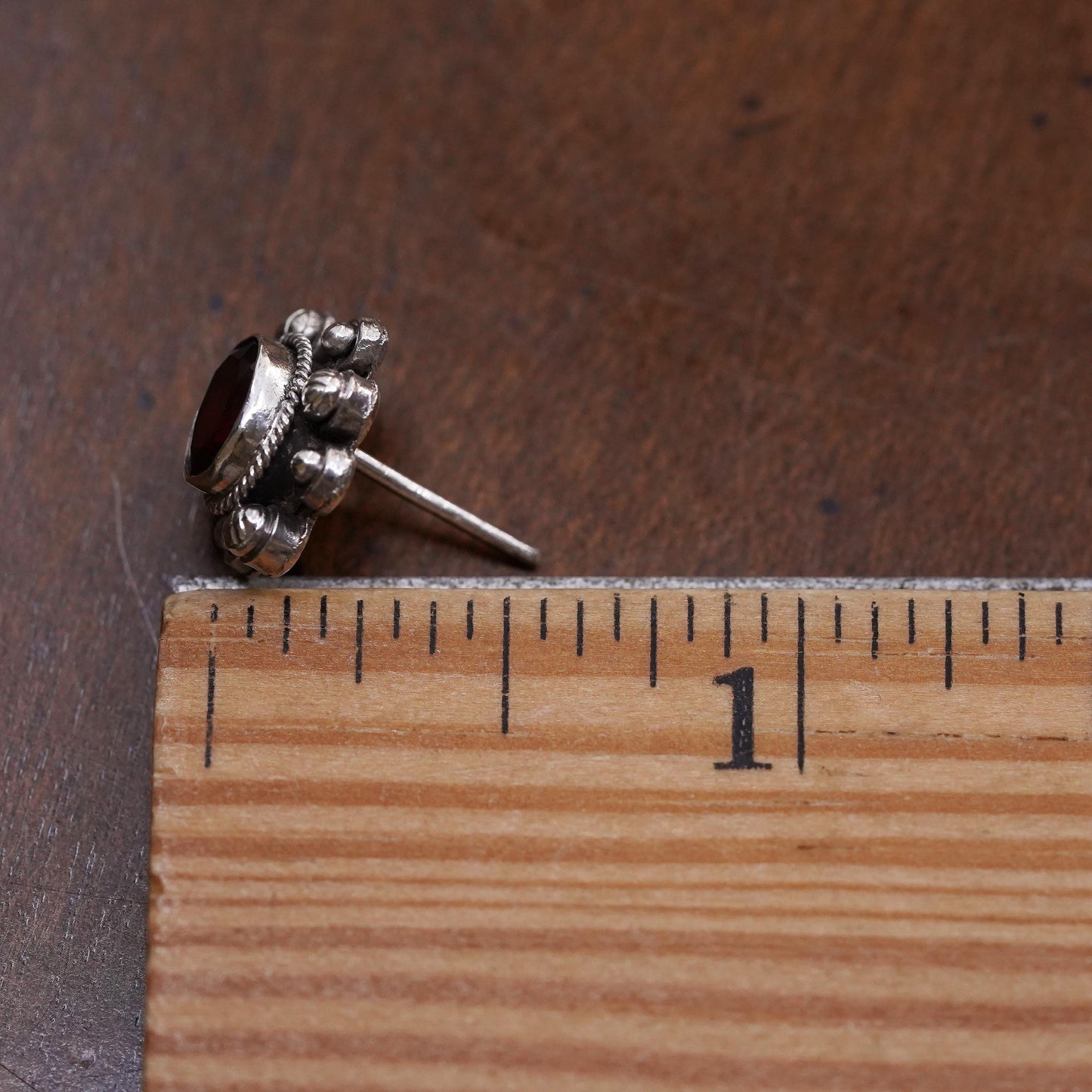 Vintage handmade single earring. Sterling 925 silver stud with garnet