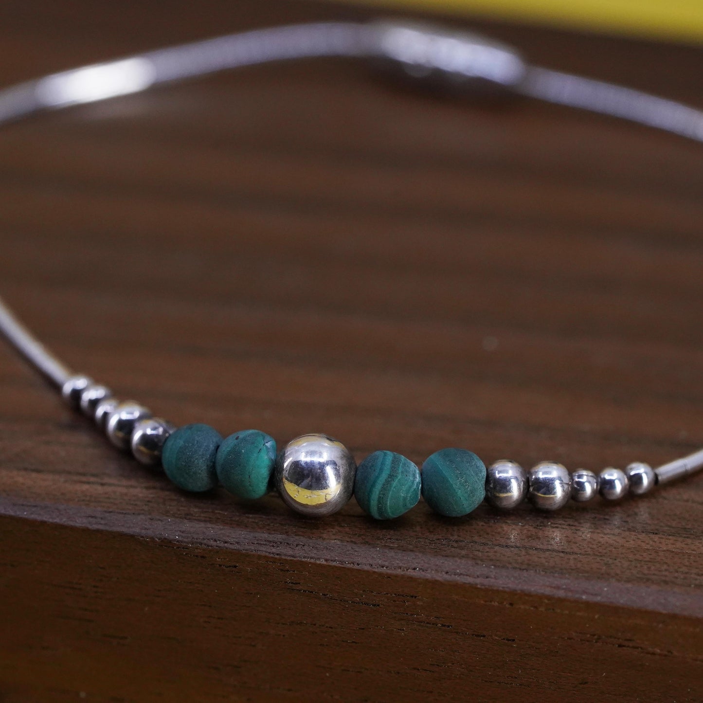 7.25", vintage sterling silver bracelet, liquid 925 Silver with malachite beads