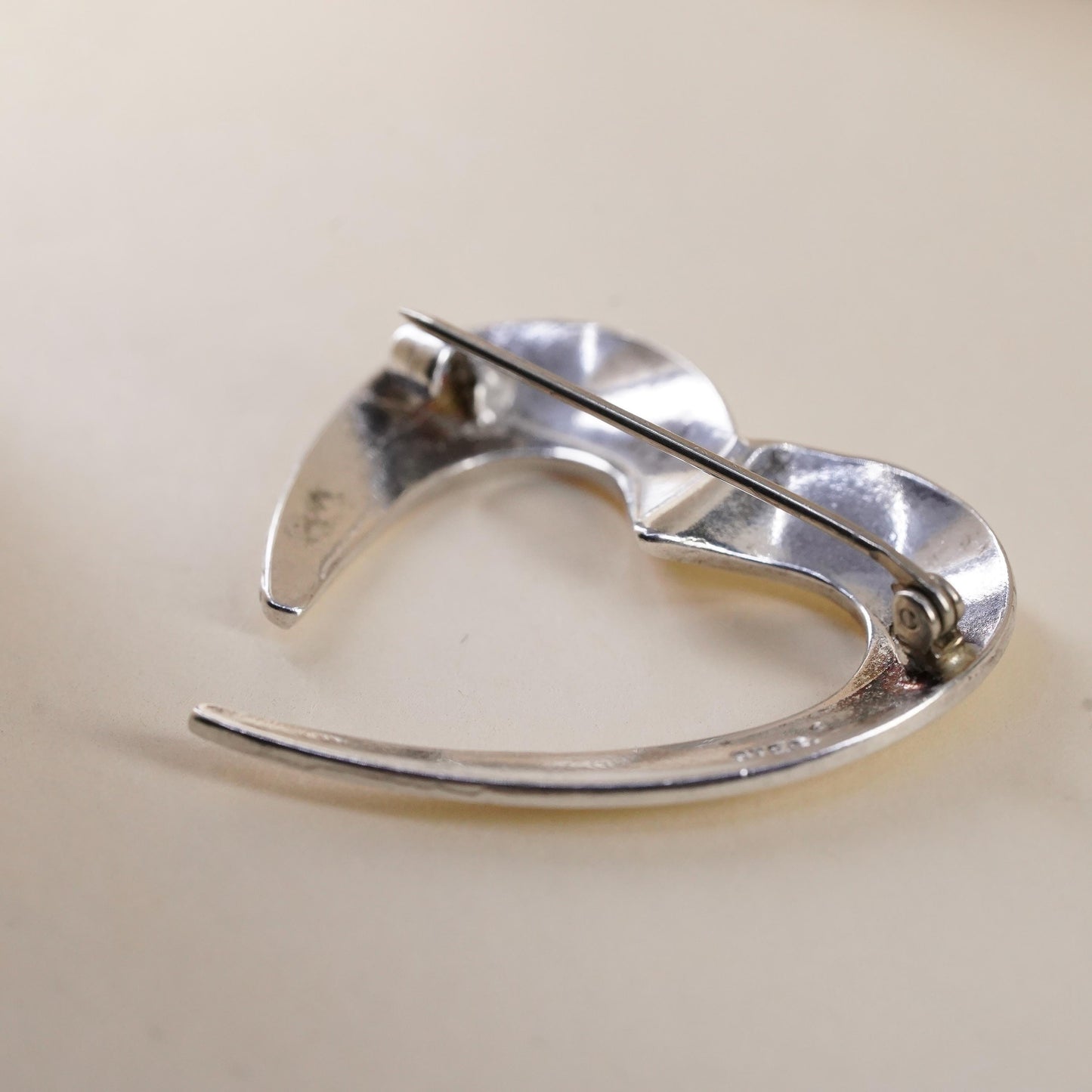 Vintage sterling silver handmade brooch, 925 open heart