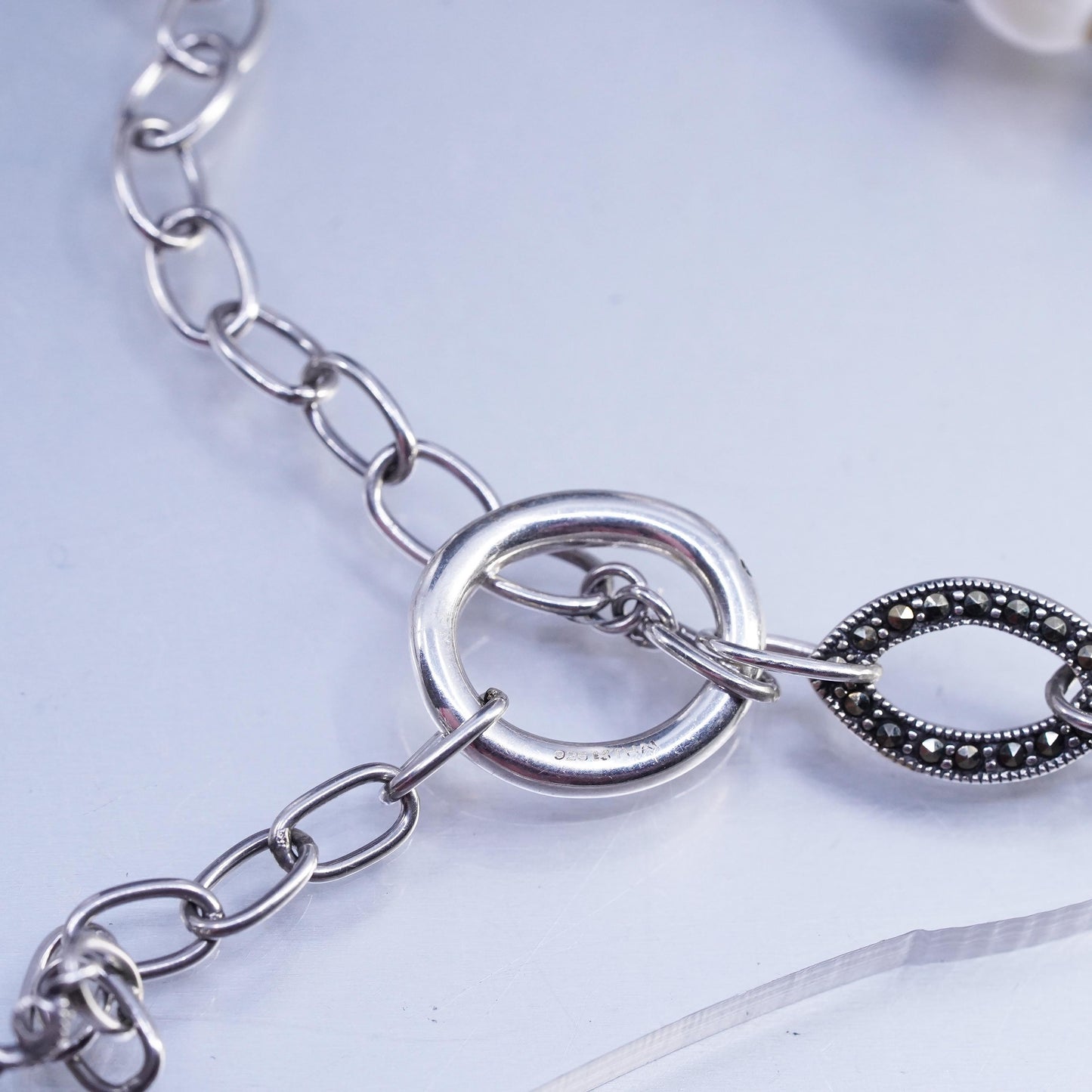 24", Sterling 925 silver double strands necklace double sided marcasite pearl