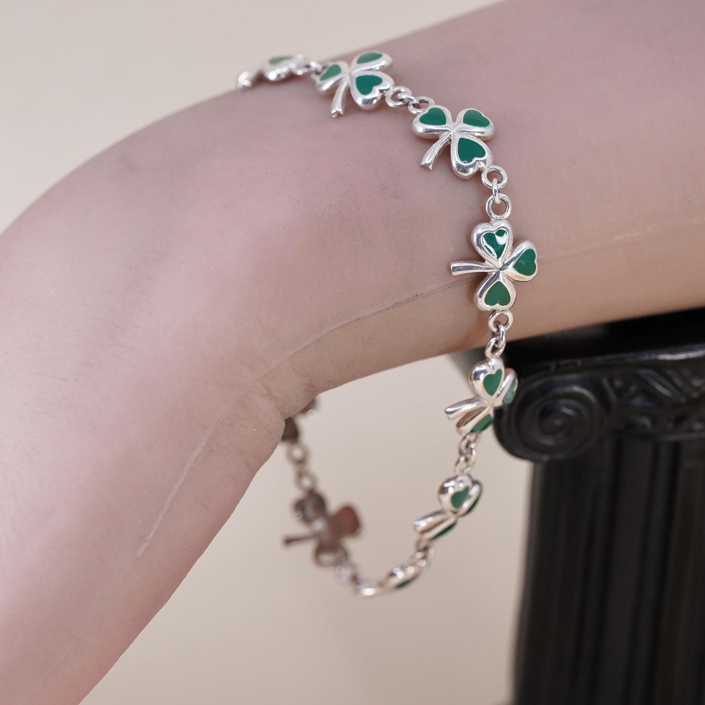 8", Sterling Silver Green Enamel Shamrock Bracelet, Irish Lucky Clover, Jewelry