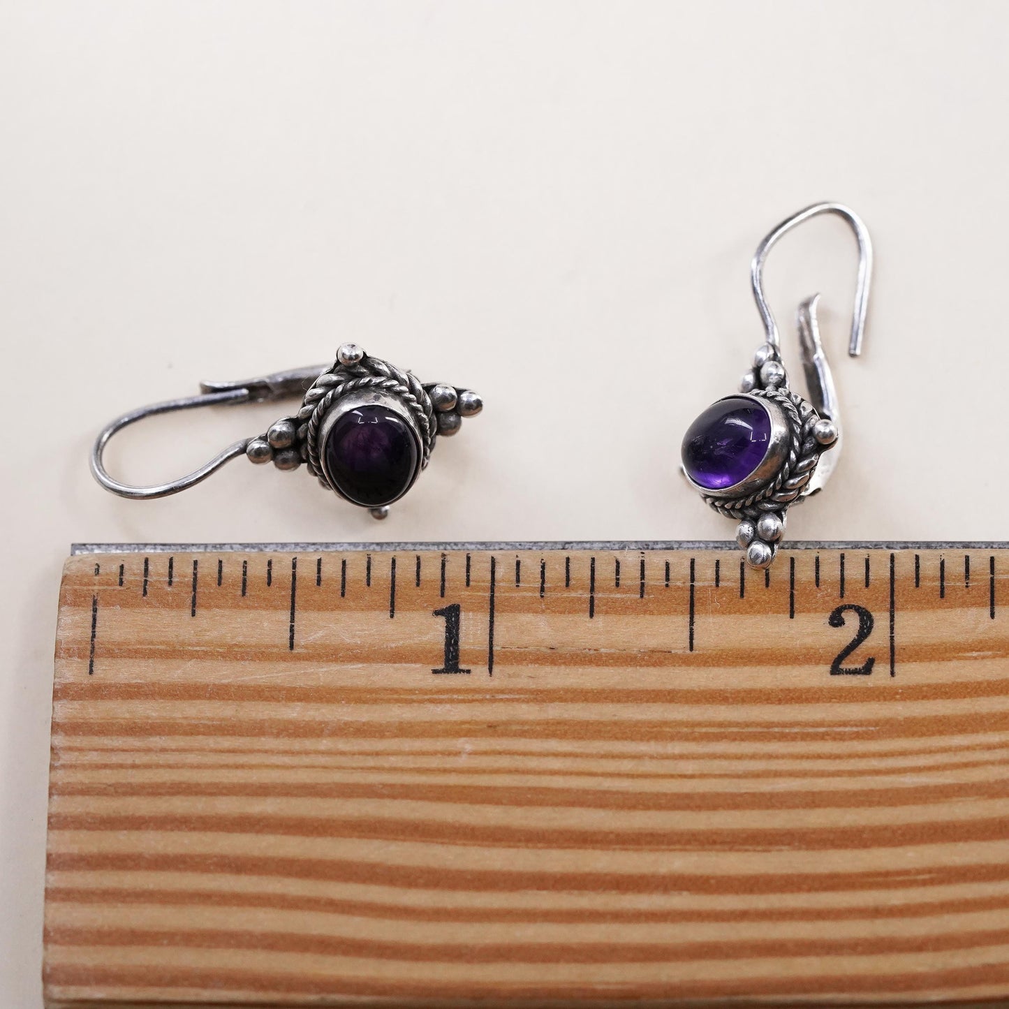 Vintage Sterling 925 silver handmade earrings with circle amethyst and beads
