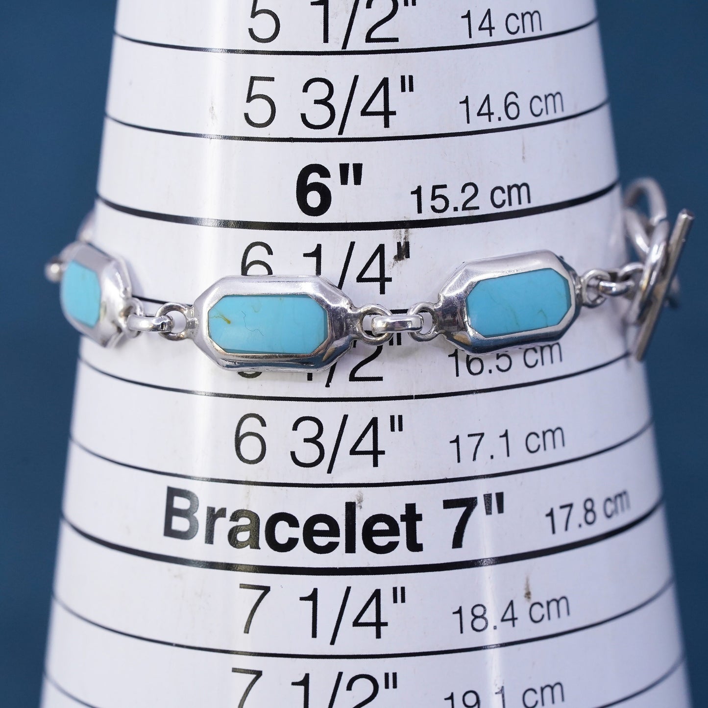 6.5”, vintage sterling 925 silver handmade bracelet w/ turquoise toggle closure