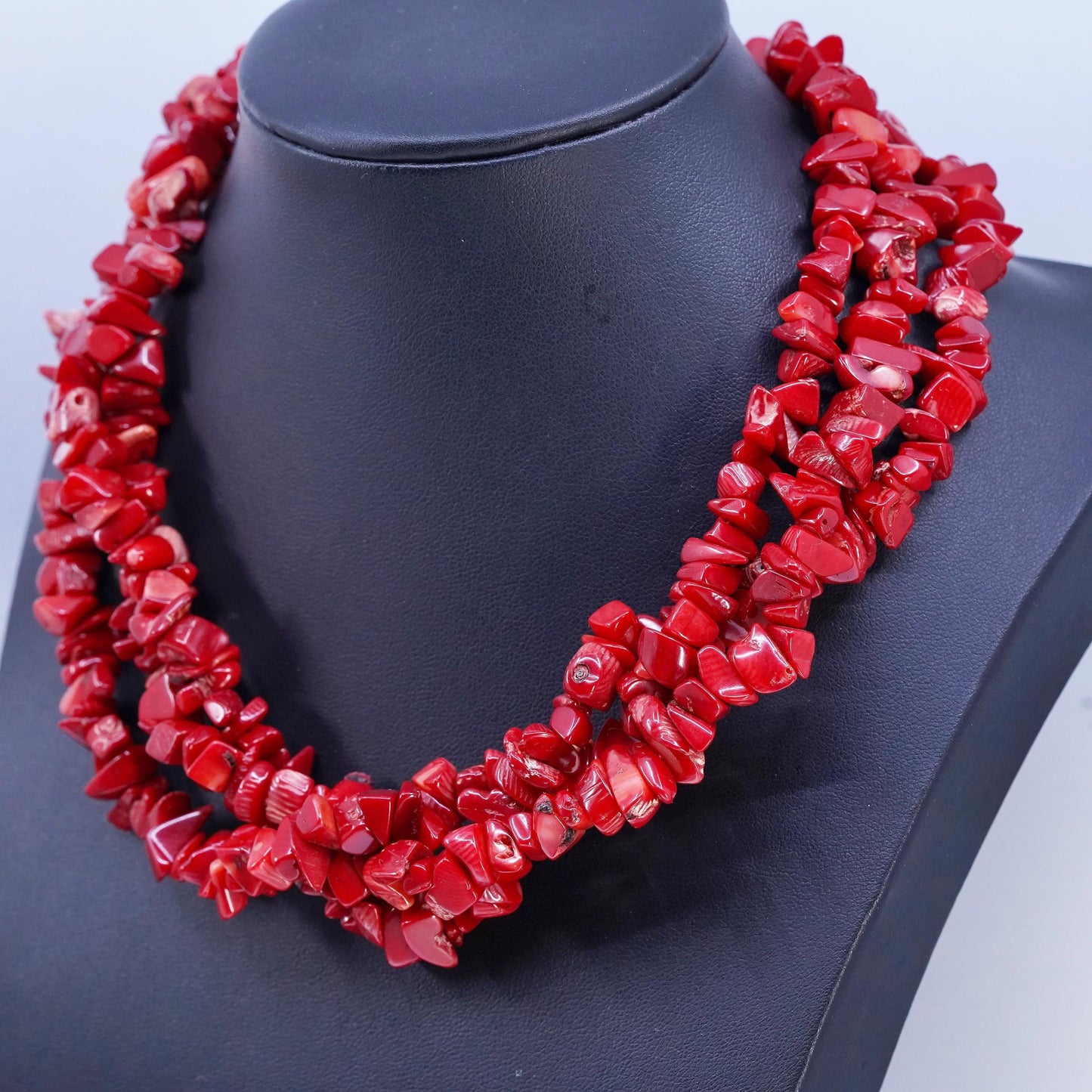 16+1", Native American multi strands necklace, Coral beads sterling 925 silver
