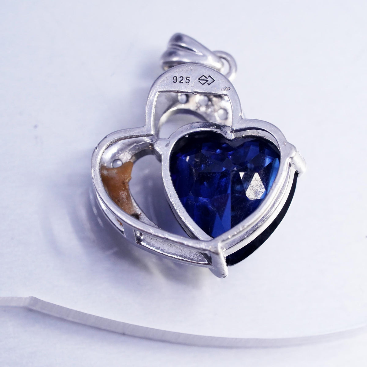 Vintage sterling 925 silver double heart pendant with sapphire and cz crystal