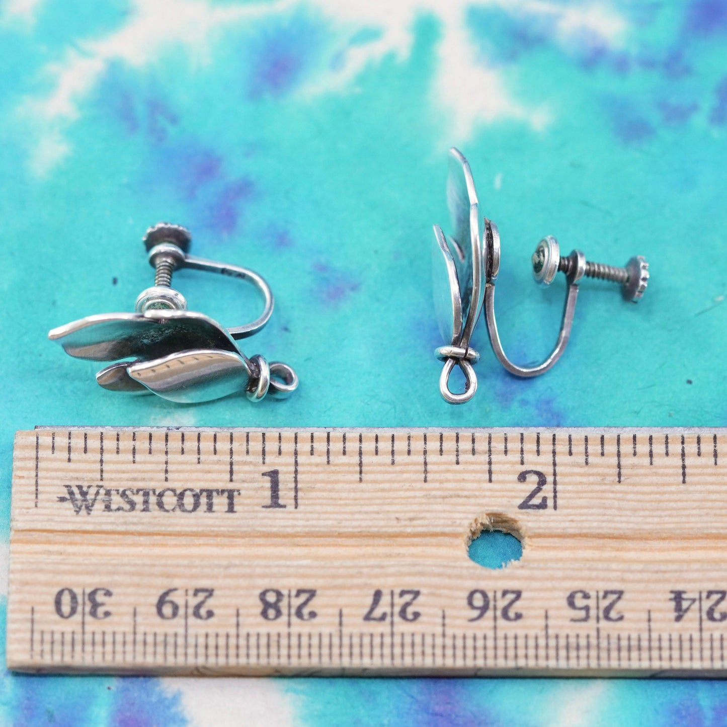 Vintage Mexico Sterling silver handmade earrings, 925 leaf screw back earrings