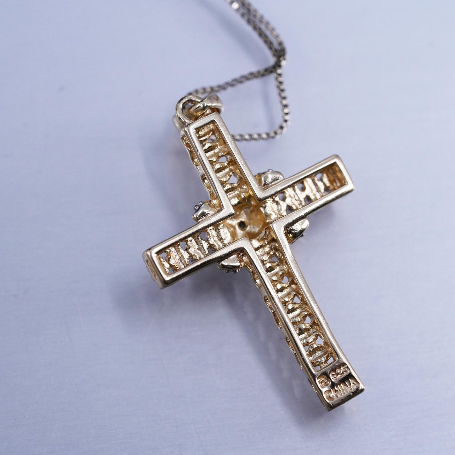 18”, vermeil gold over sterling 925 silver box necklace cross pendant diamond