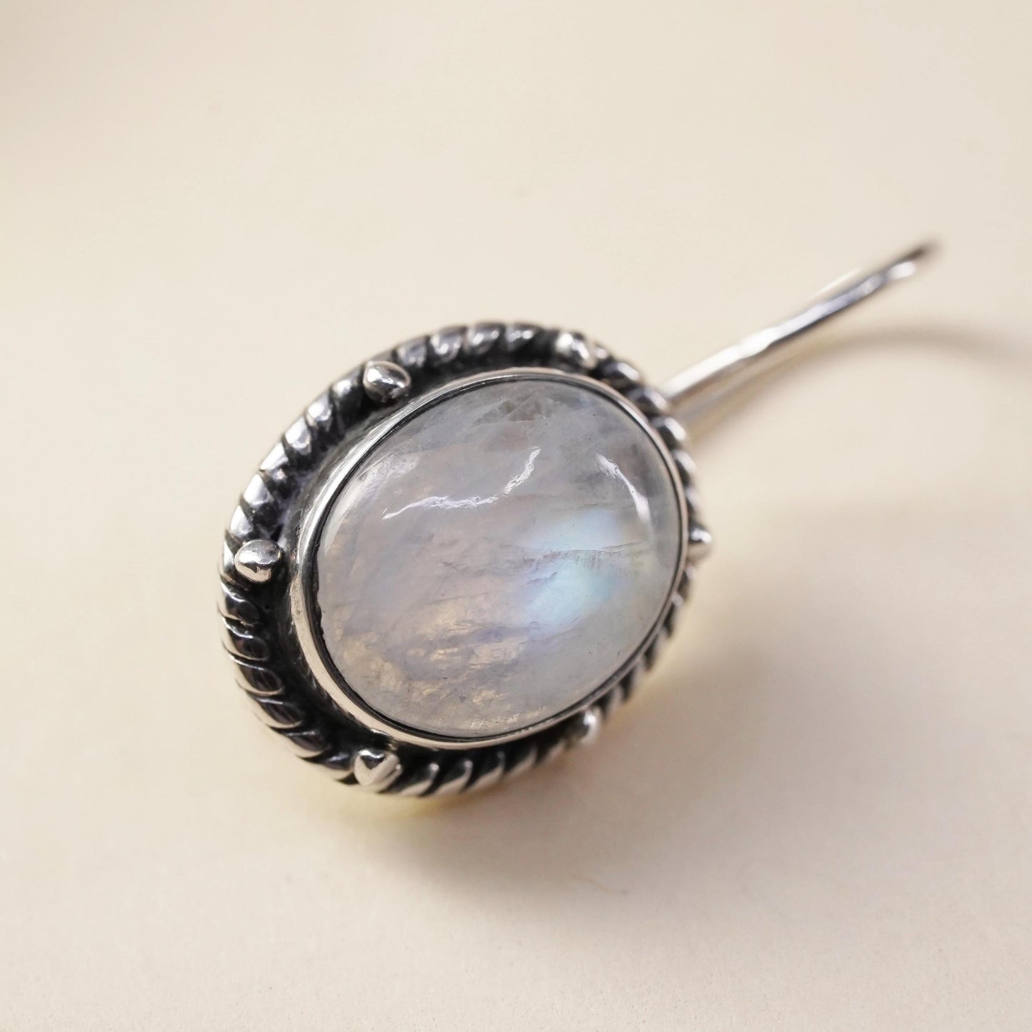 Vintage Sterling 925 silver handmade single earring with oval moonstone