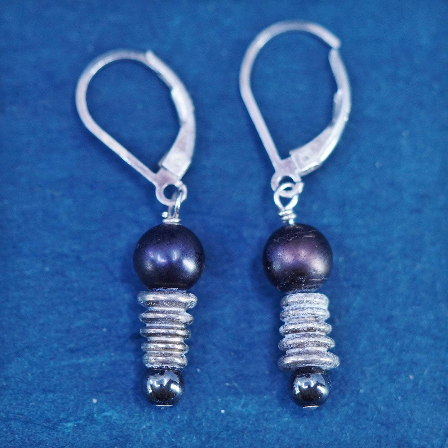 Vintage Sterling silver handmade earrings, 925 hooks with black pearl
