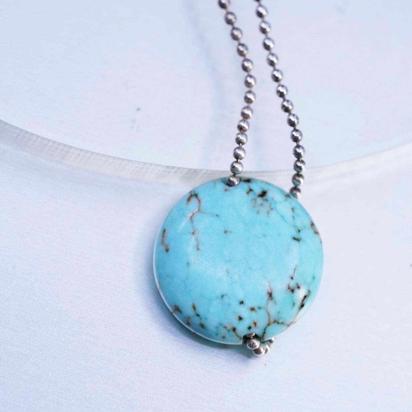14", Native American Sterling 925 silver bead choker necklace turquoise pendant