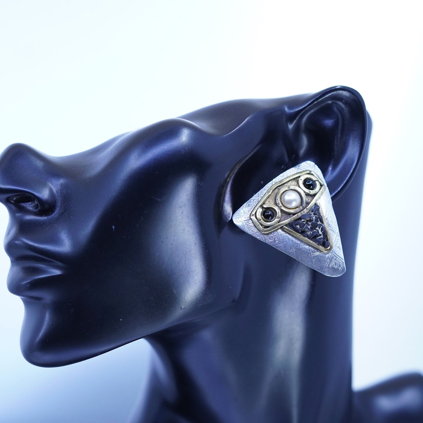 two tone Sterling 925 silver earrings, triangular owl studs pearl black onyx