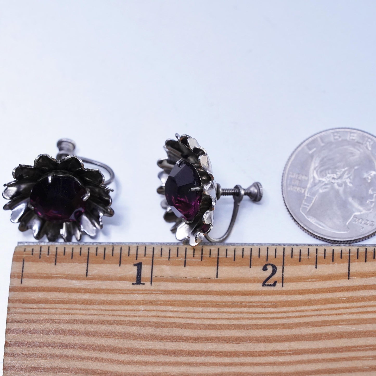 Vintage Sterling 925 silver handmade earrings, screw back flower with amethyst