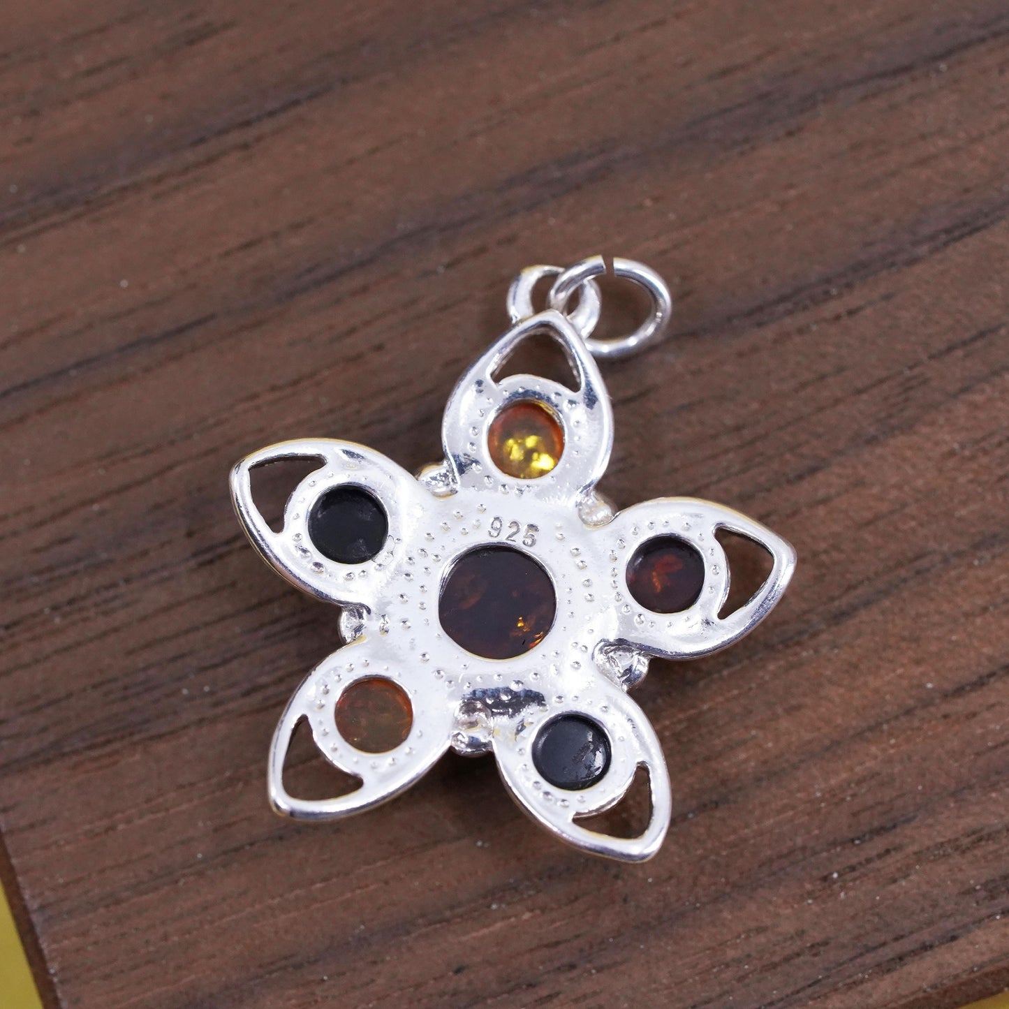 Vintage Sterling 925 silver handmade flower charm pendant with amber