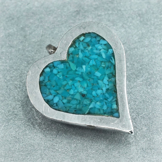 vintage southwestern sterling 925 silver heart pendant with turquoise inlay, silver tested