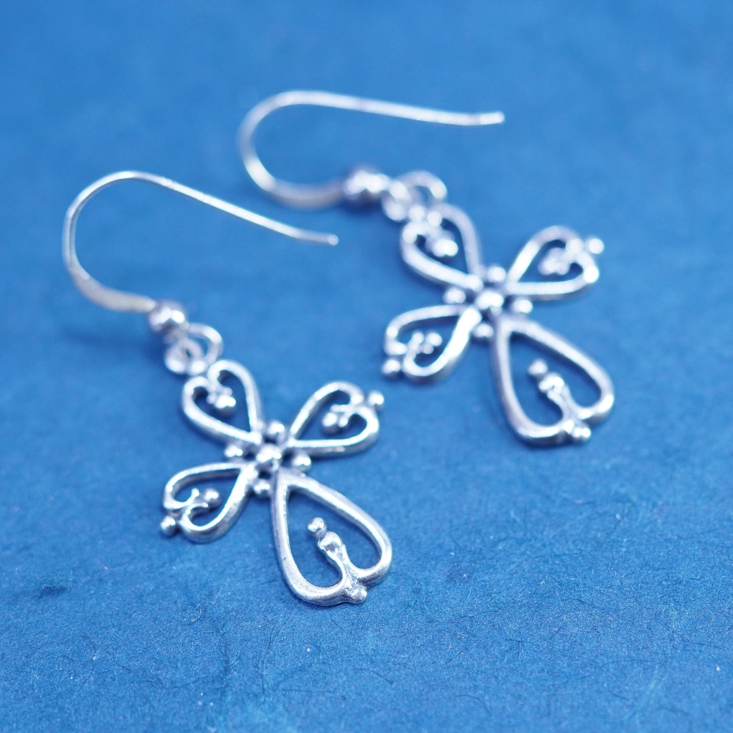 Vintage Sterling silver handmade earrings, 925 Bali filigree cross drops