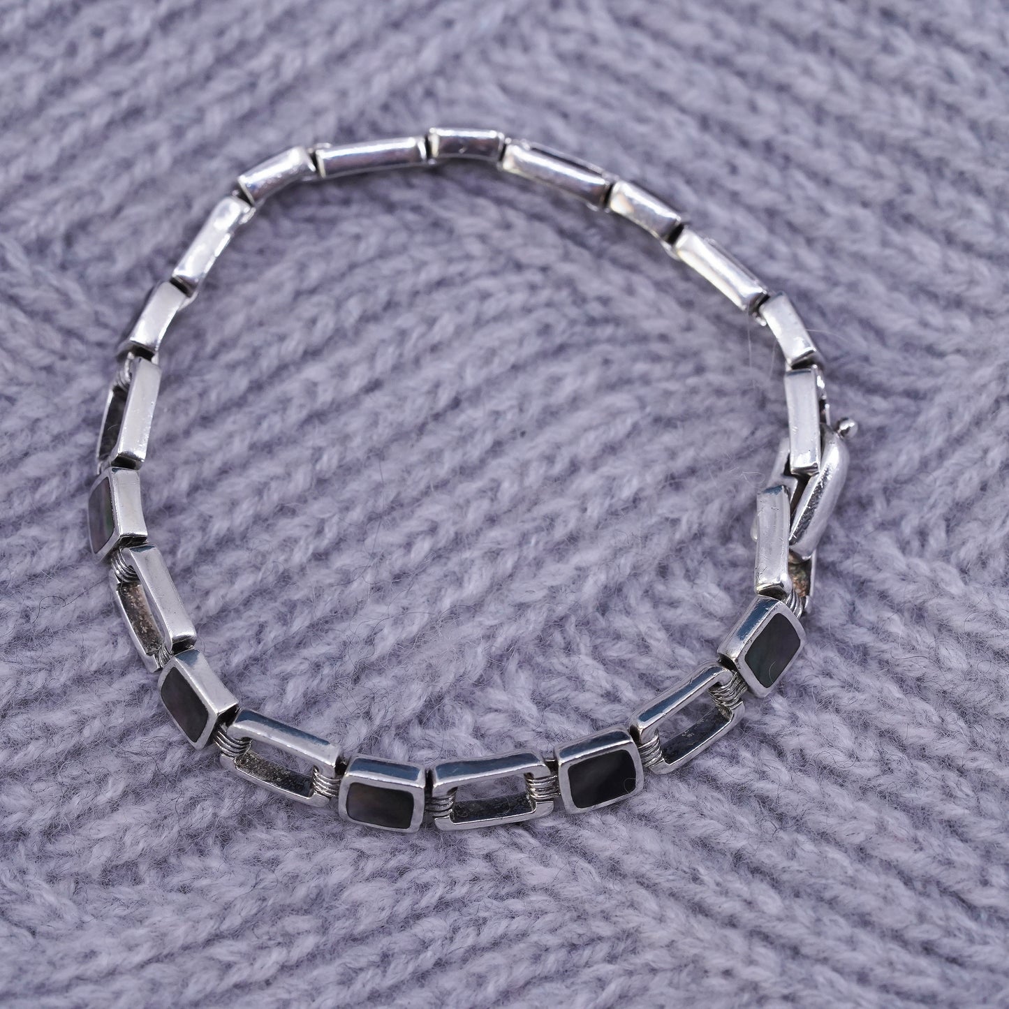 7.25", vintage Sterling 925 silver handmade tennis bracelet with abalone inlay