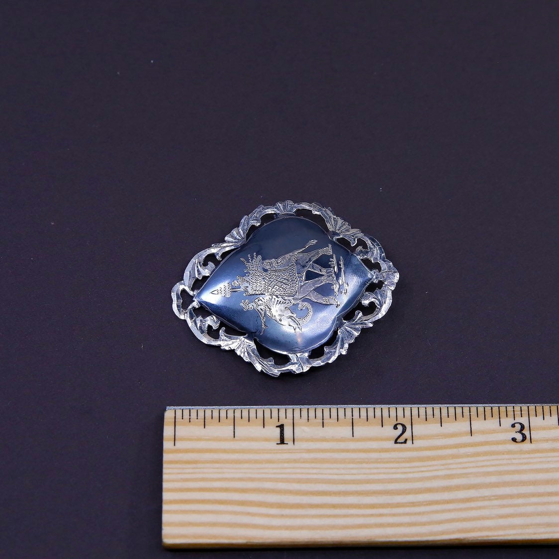 Vintage Indian handmade oxidized sterling 925 silver brooch, pendant with elephant pattern embossed. stamped 925, signed Siam