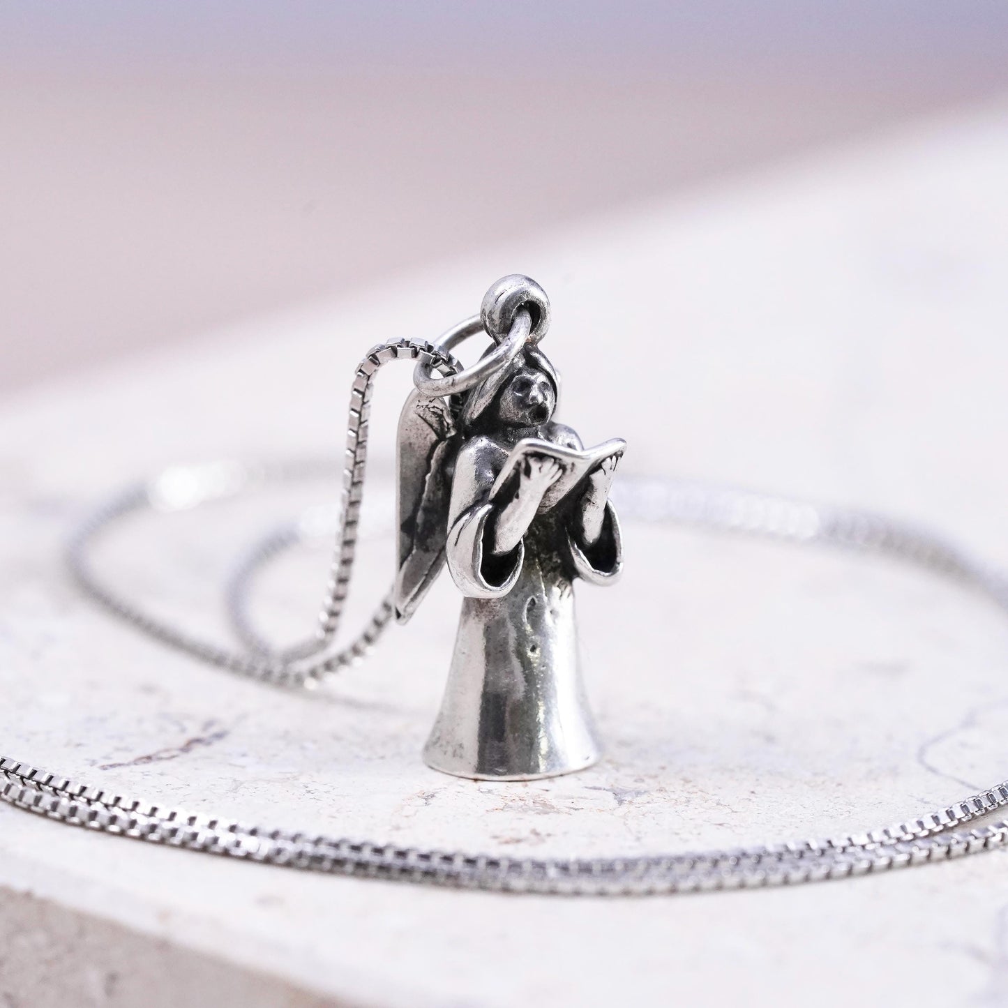 18”, sterling 925 silver handmade box chain necklace with angel charm pendant