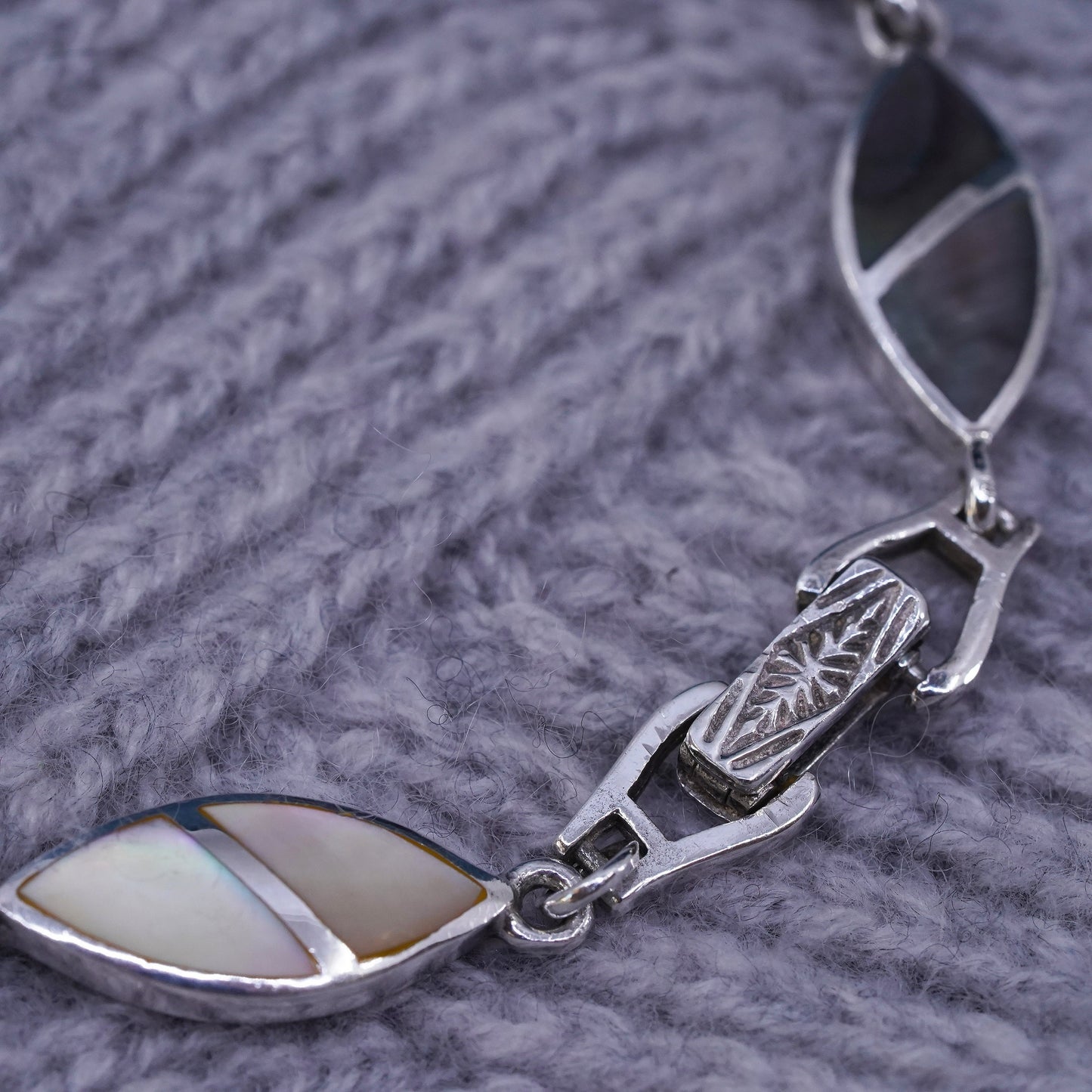 7.5", vintage sterling 925 silver handmade bracelet with mother of pearl tennis