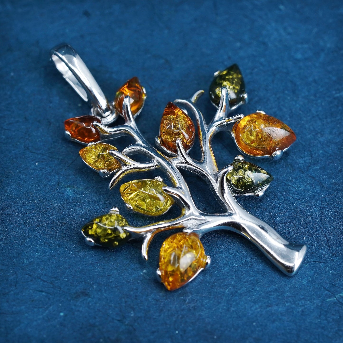Vintage Sterling silver handmade pendant, 925 family tree with amber