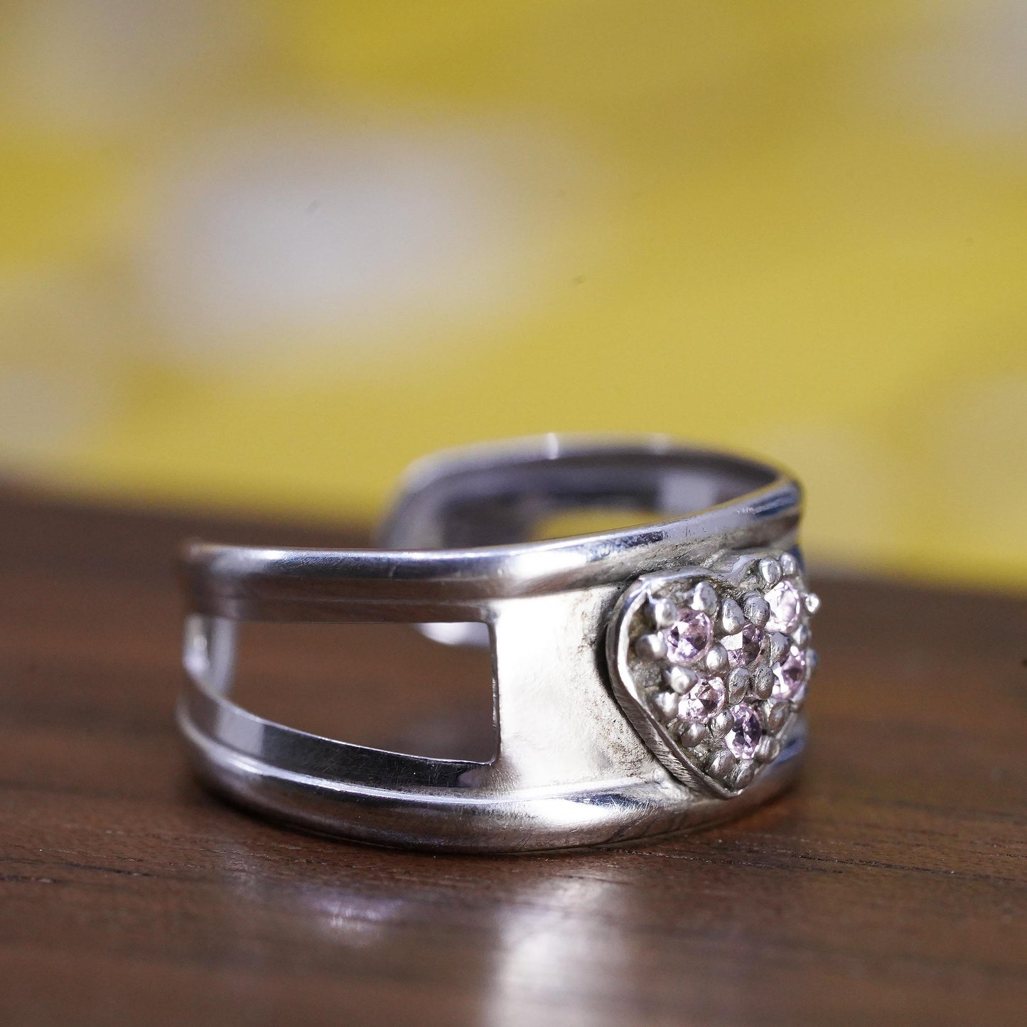 Size 4, Vintage Sterling silver handmade ring, 925 open band with pink cz heart