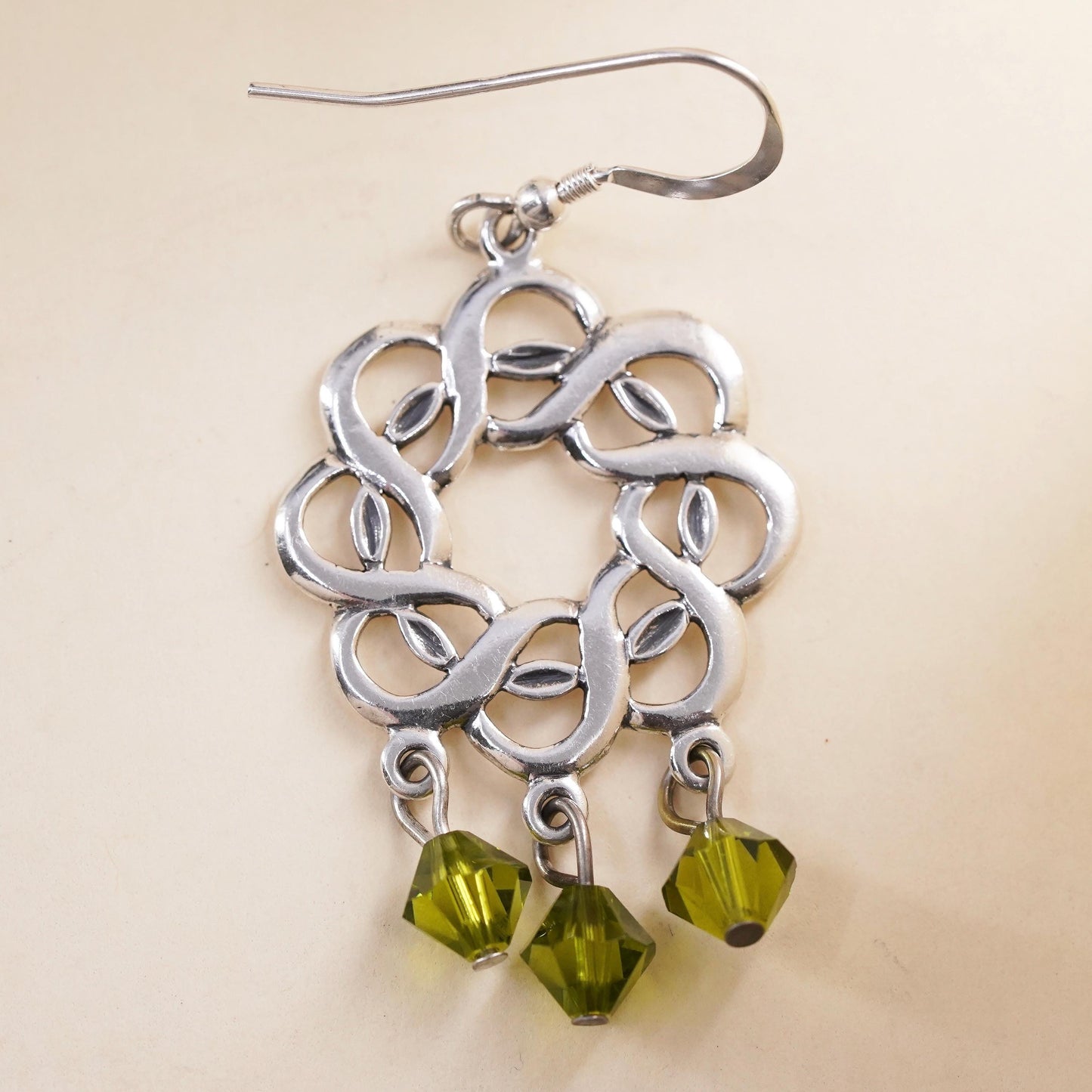 sterling silver single earring, 925 silver Irish Celtic knot peridot dangles
