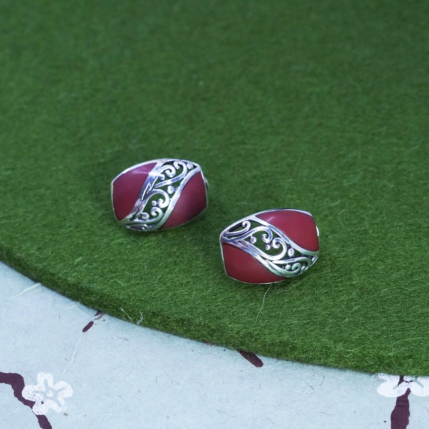 Vintage sterling silver handmade earrings, 925 studs with red onyx and filigree