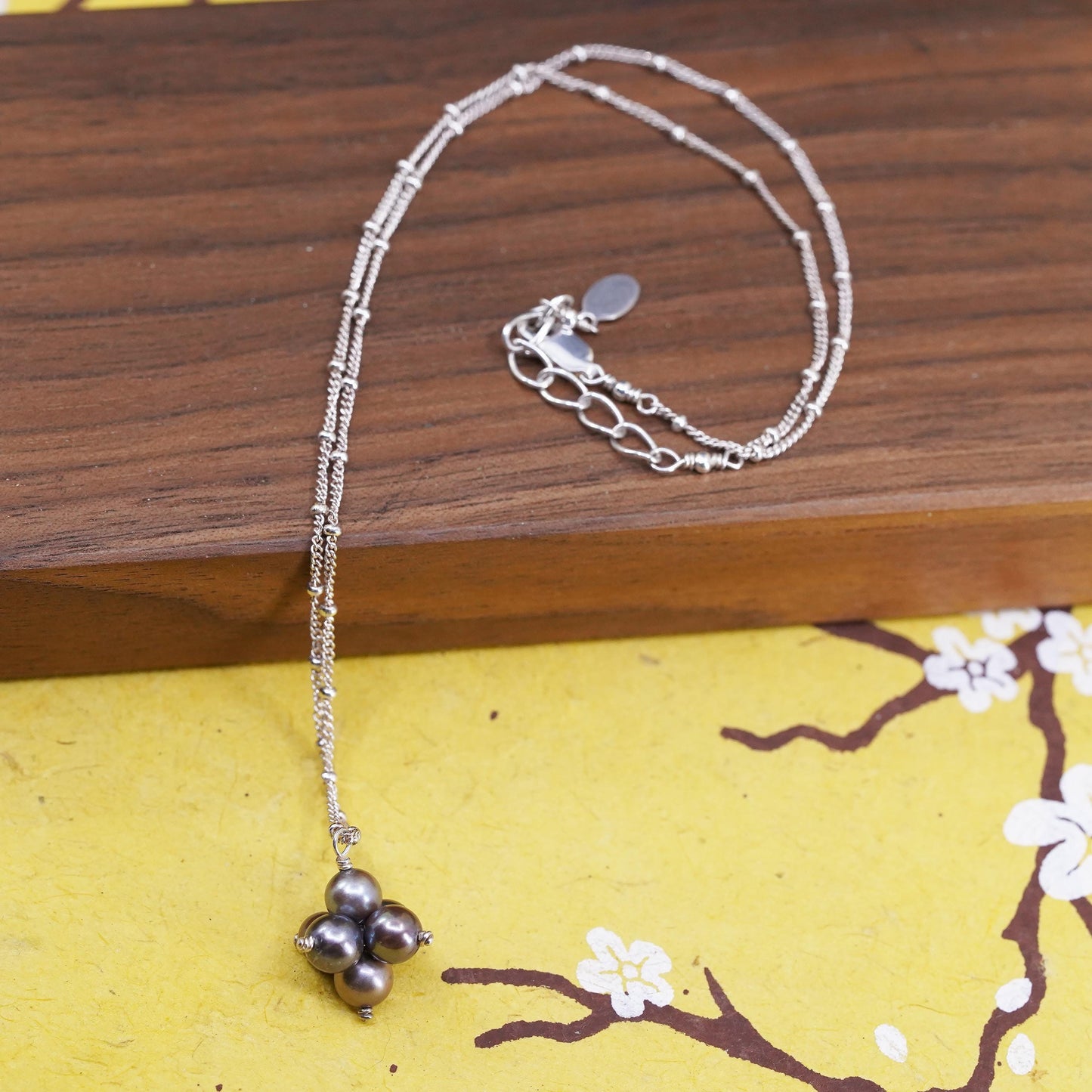 16+1”, Sterling silver necklace, 925 curb chain with beads and pearl pendants