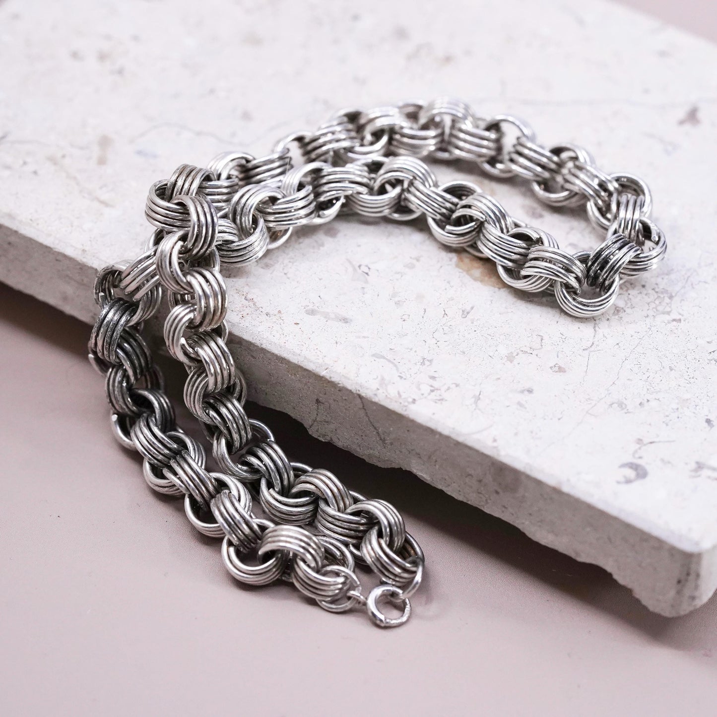 14”, vintage Sterling silver necklace, 925 entwined circle link chain choker
